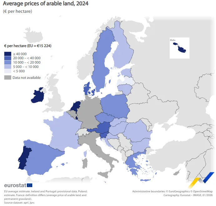 Eurostat map showing average agricultural land prices in European Union countries.