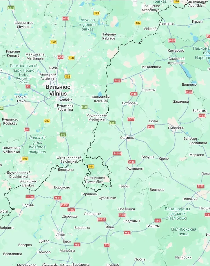 Map showing the KSUP Prigraniczny enterprise in Ashmyany District of the Grodno Region.